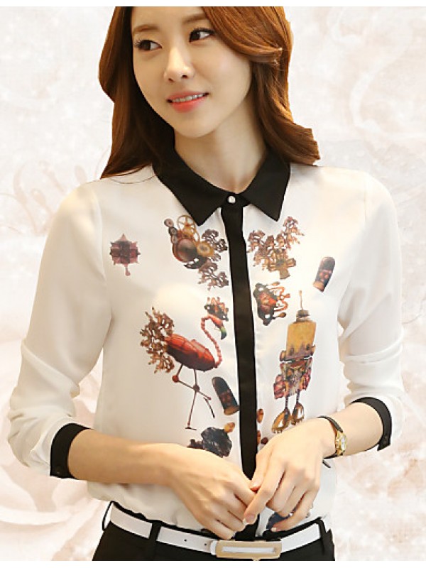 Women's Wild Commuter Contrast Color Stitching Print Long Sleeve Chiffon Shirt