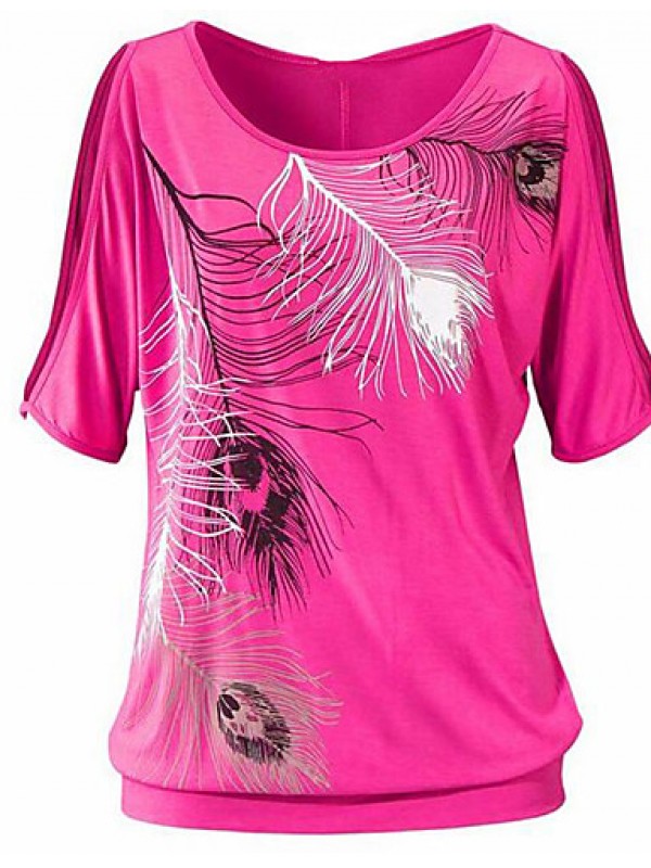 Women's Print Off-The-Shoulder All Match Hollow Out T-shirt,Round Neck Batwing Sleeve Short Sleeve