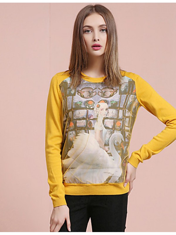 Women's Going out Street chic Spring / Fall T-shirtPrint Round Neck Long Sleeve White / Yellow Cotton