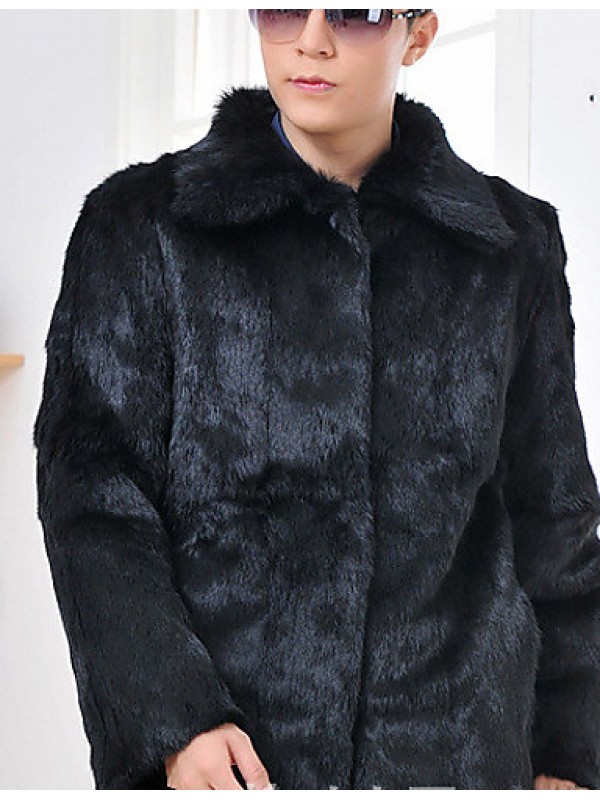 Men's Casual/Daily Simple Fur Coat,Solid Shirt Collar Long Sleeve Winter Black Rabbit Fur Thick