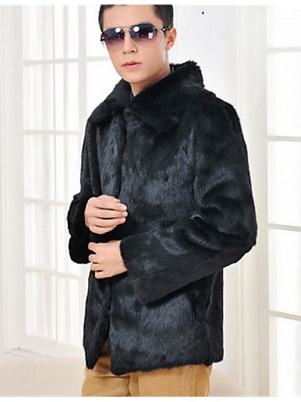 Men's Casual/Daily Simple Fur Coat,Solid Shirt Collar Long Sleeve Winter Black Rabbit Fur Thick