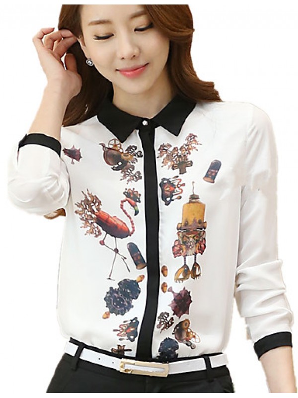 Women's Wild Commuter Contrast Color Stitching Print Long Sleeve Chiffon Shirt