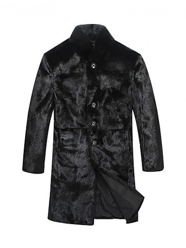 Men's Casual/Daily / Formal / Work Vintage / Street chic Coat Solid Long Sleeve Winter Black Faux Fur Thick