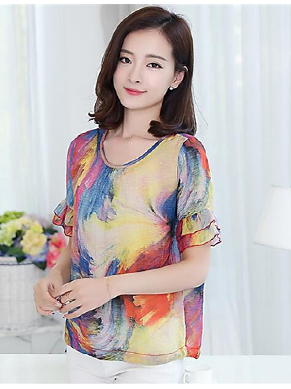 Women's Casual/Daily Sexy Summer / Fall Blouse,Print Round Neck Short Sleeve Blue Polyester Medium