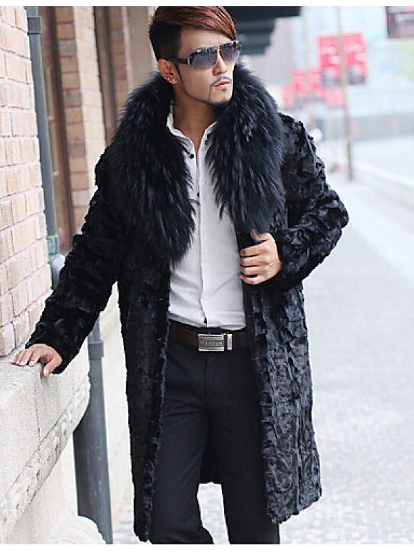 Men's Special Occasion / Plus Size / Casual/Daily Street chic / Punk & Gothic / Tops Fur Coat,Solid Shirt Collar Long Sleeve Winter Black