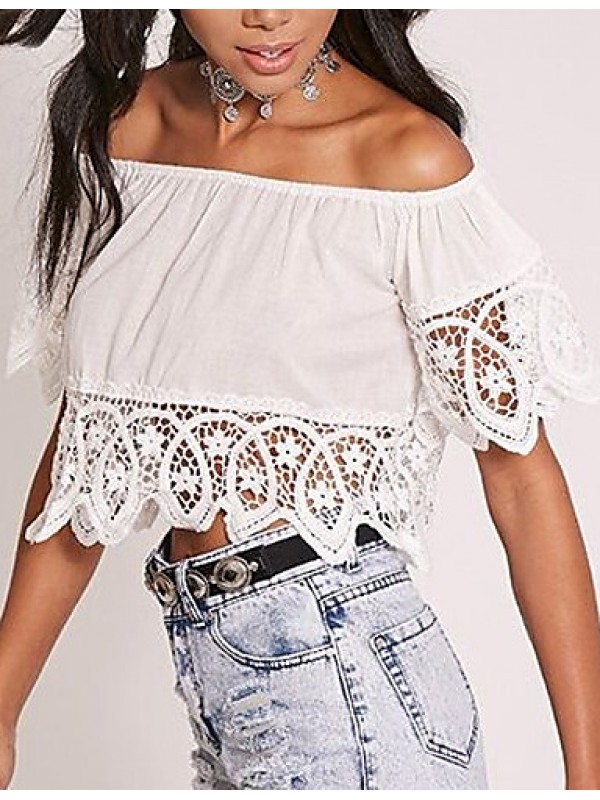 Women's Going out Sexy / Street chic Summer Blouse,Solid Boat Neck Short Sleeve White Rayon / Polyester Thin