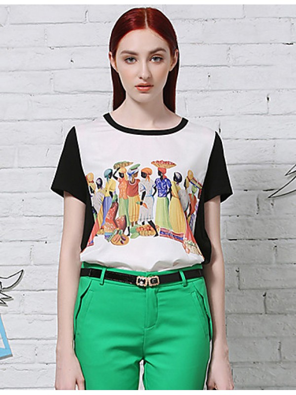 Women's Casual/Daily Vintage Summer T-shirtPrint / Color Block Round Neck Short Sleeve