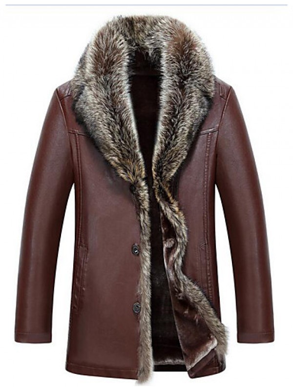 Men's Plus Size / Casual/Daily Simple Fur Coat,Solid Long Sleeve Red / Black / Brown Special Leather Types