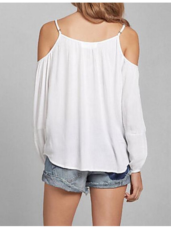 Women's Casual/Daily Sexy / Simple Summer Loose Off-The-Shoulder T-shirt,Solid Strap Long Sleeve White