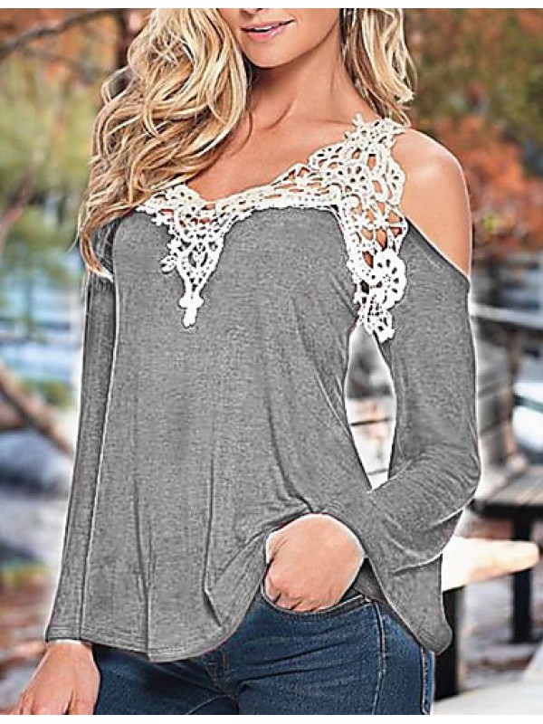 Women's Patchwork Lace Strap Off-The-Shoulder All Match Loose Casual V Neck Long Sleeve Plus Size T-shirt