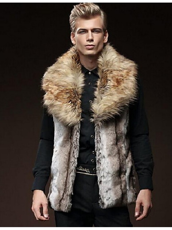 Men's Casual/Daily Street chic Fur Coat,Solid Shirt Collar Sleeveless Fall / Winter Brown Faux Fur Thick