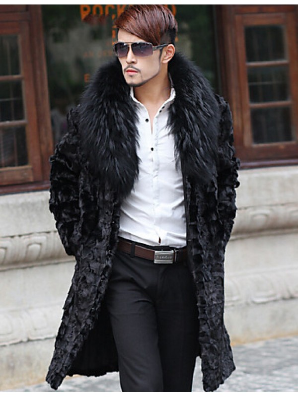 Men's Special Occasion / Plus Size / Casual/Daily Street chic / Punk & Gothic / Tops Fur Coat,Solid Shirt Collar Long Sleeve Winter Black