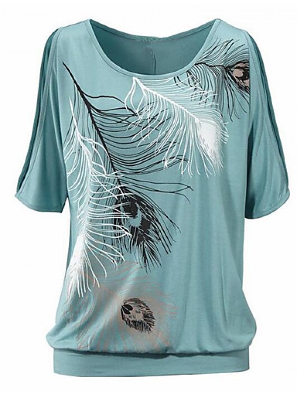 Women's Print Off-The-Shoulder All Match Hollow Out T-shirt,Round Neck Batwing Sleeve Short Sleeve