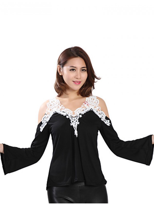 Women's Patchwork Lace Strap Off-The-Shoulder All Match Loose Casual V Neck Long Sleeve Plus Size T-shirt