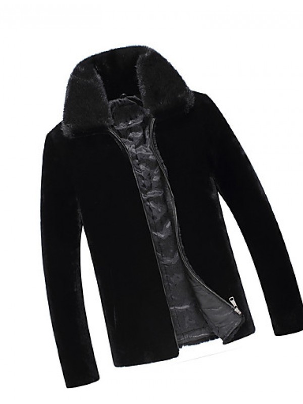 Men's Plus Size Street chic Fur Coat,Solid Stand Long Sleeve Winter Black Wool Thick