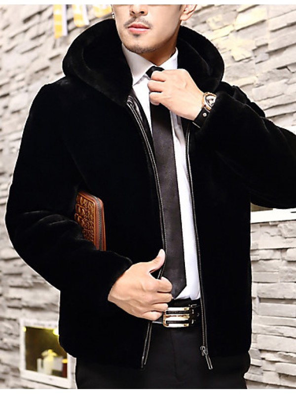 Men's Casual/Daily Simple Fur Coat,Solid Hooded Long Sleeve Winter Black Wool Thick