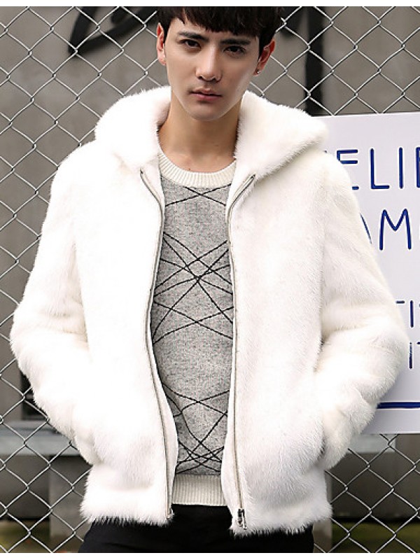 Men's Casual/Daily Simple Jackets,Solid Hooded Long Sleeve Winter White / Black Faux Fur Thick