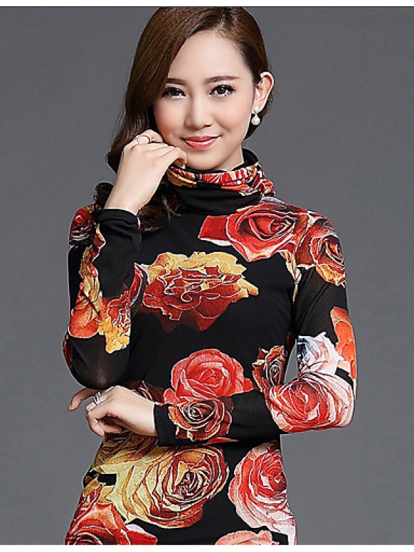 Spring/Fall Women's Casual/Daily Tops Turtleneck Long Sleeve Fashion Floral Printing Gauze Blouse Shirt