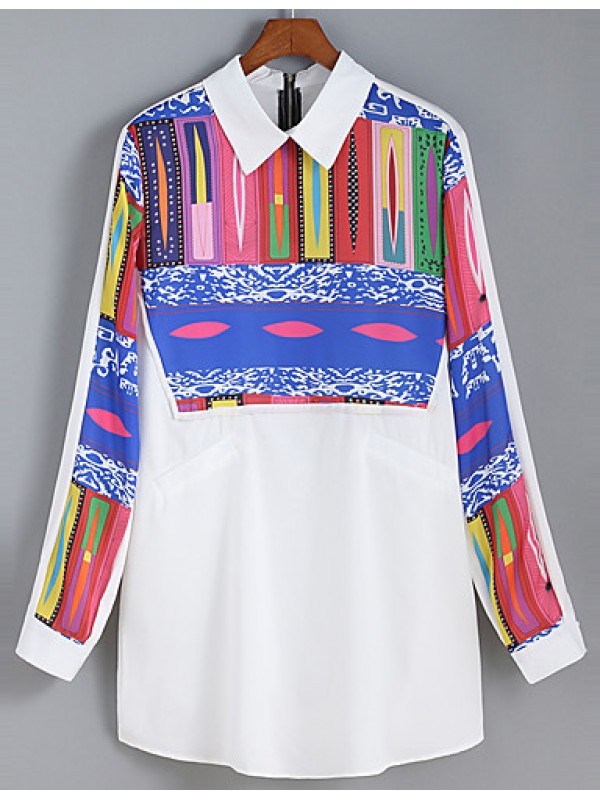 Women's Casual/Daily Vintage All Seasons ShirtPrint Shirt Collar Long Sleeve White Polyester Medium