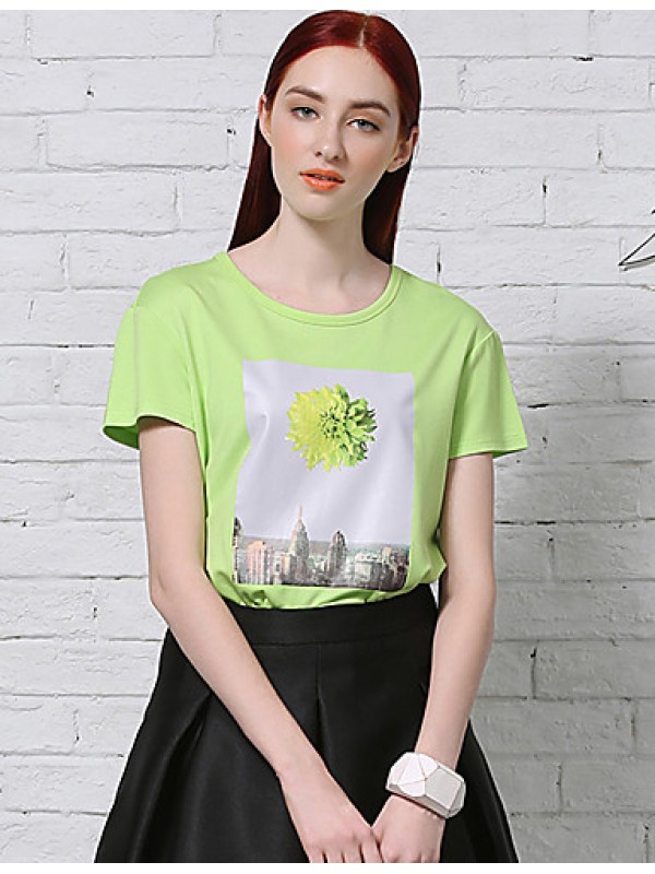 Women's Casual/Daily Simple Summer T-shirtPrint Round Neck Short Sleeve White / Green