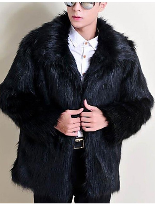 Men's Special Occasion / Plus Size / Casual/Daily Street chic / Punk & Gothic / Tops Fur Coat,Solid Shirt Collar Long Sleeve Winter Black