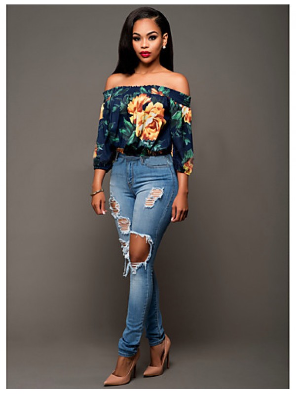 Women's Sexy Simple Boat Neck Off Shoulder Floral Print Summer Blouse