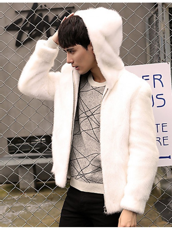 Men's Casual/Daily Simple Jackets,Solid Hooded Long Sleeve Winter White / Black Faux Fur Thick