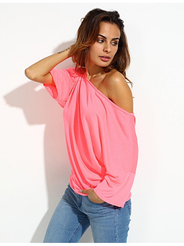 Women's Solid Sexy Loose Off Shoulder T-shirt,Boat Neck Short Sleeve