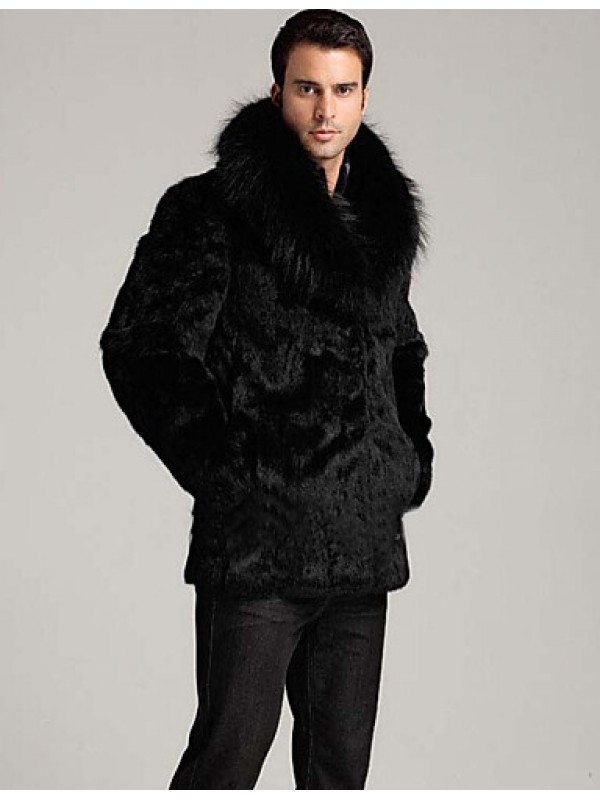 Men's Casual/Daily / Work / Plus Size Simple Fur Coat,Solid V Neck Long Sleeve Winter Black Faux Fur Thick