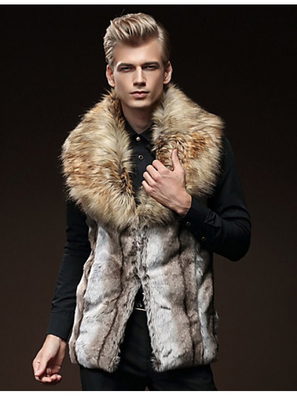 Men's Patchwork Casual / Plus Size CoatFaux Fur Sleeveless-Brown