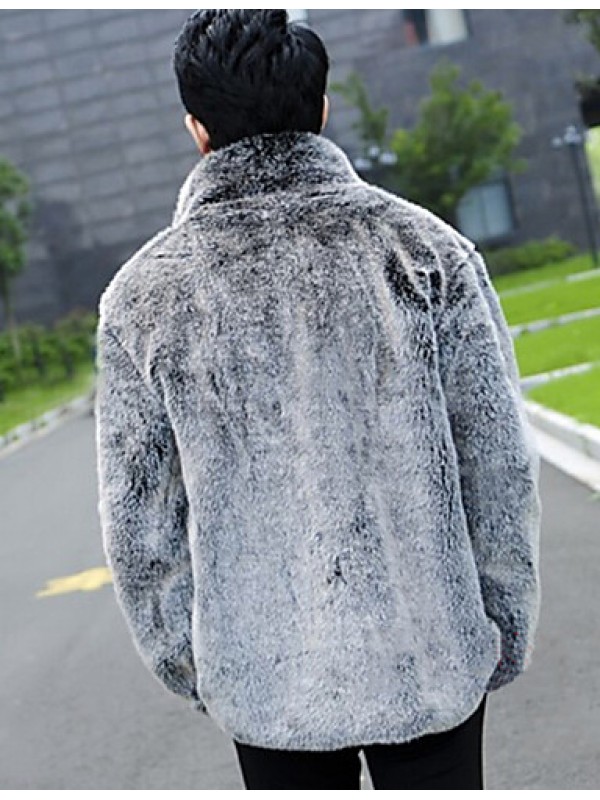 Men's Solid Casual / Plus Sizes Coat,Faux Fur Long Sleeve-Gray