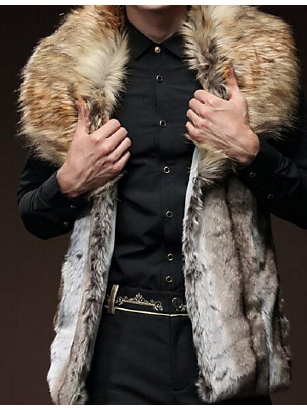 Men's Casual/Daily Street chic Fur Coat,Solid Shirt Collar Sleeveless Fall / Winter Brown Faux Fur Thick