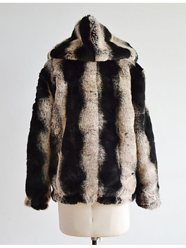 Men's Striped Casual / Plus Size CoatFaux Fur Long Sleeve-Black