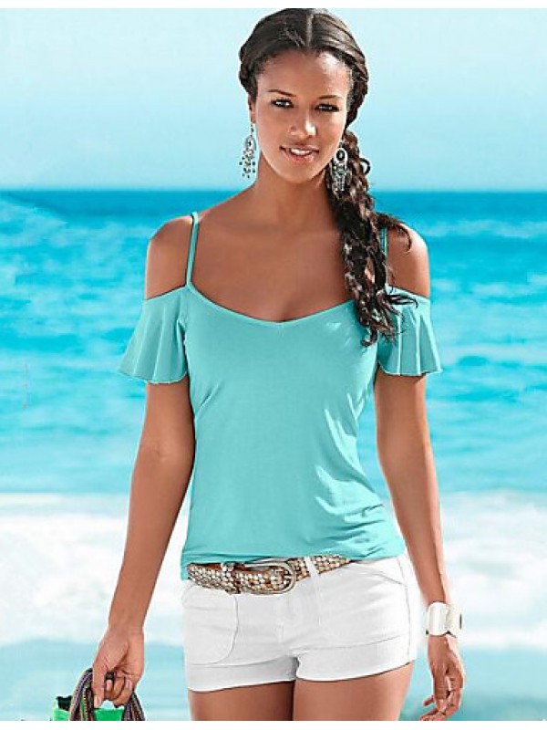 Women's Solid Off-The-Shoulder All Match Elegance Casual T-shirt,Strap Short Sleeve