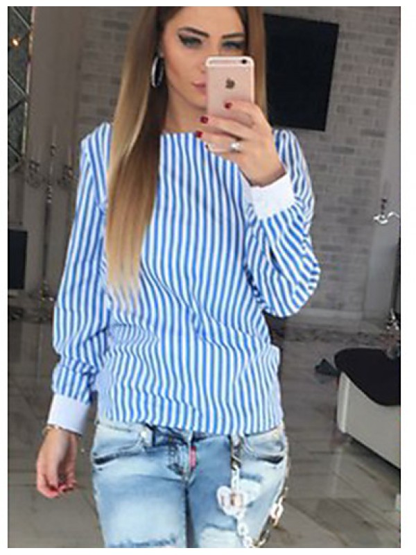 Women's Casual/Daily Sexy Blouse,Striped Boat Neck Long Sleeve Blue / Pink Cotton / Polyester Thin