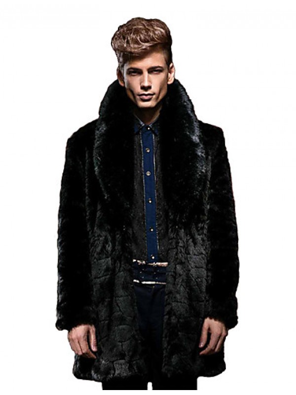 Men's Formal / Work Vintage / Street chic Coat Solid Peaked Lapel Long Sleeve Winter Faux Fur Black Thick