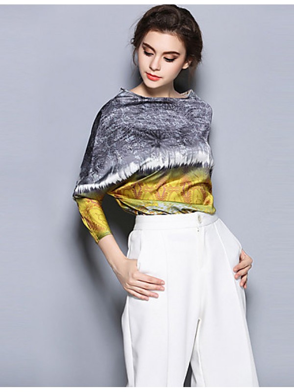 Women's Formal Simple / Sophisticated Summer Blouse,Print Boat Neck Long Sleeve Yellow Silk Thin