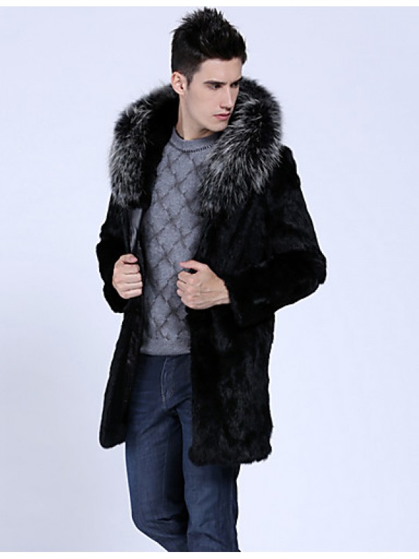 Men's Casual/Daily / Formal / Work Vintage / Street chic Hodded Fur Coat Solid Long Sleeve Winter Black Faux Fur Thick