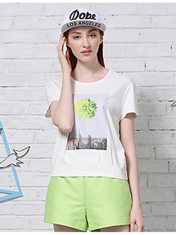 Women's Casual/Daily Simple Summer T-shirtPrint Round Neck Short Sleeve White / Green