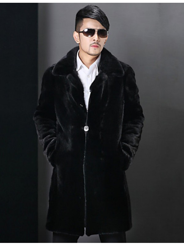 Men's Solid Casual / Plus Sizes Trench coat,Faux Fur Long Sleeve-Black