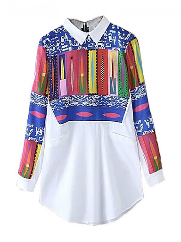 Women's Casual/Daily Vintage All Seasons ShirtPrint Shirt Collar Long Sleeve White Polyester Medium