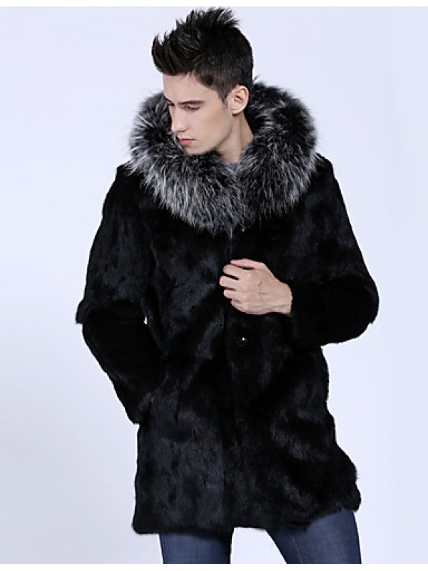 Men's Casual/Daily / Formal / Work Vintage / Street chic Hodded Fur Coat Solid Long Sleeve Winter Black Faux Fur Thick