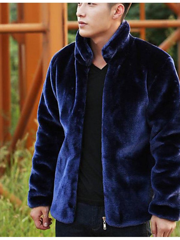 Men's Casual/Daily Simple Fur Coat,Solid Stand Long Sleeve Winter Blue / Black / Brown Faux Fur Thick