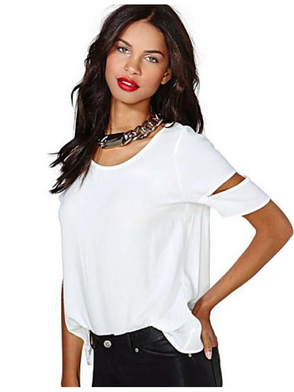 Women's Sexy Casual Cute Plus Sizes Inelastic Short Sleeve Regular Blouse (Chiffon)