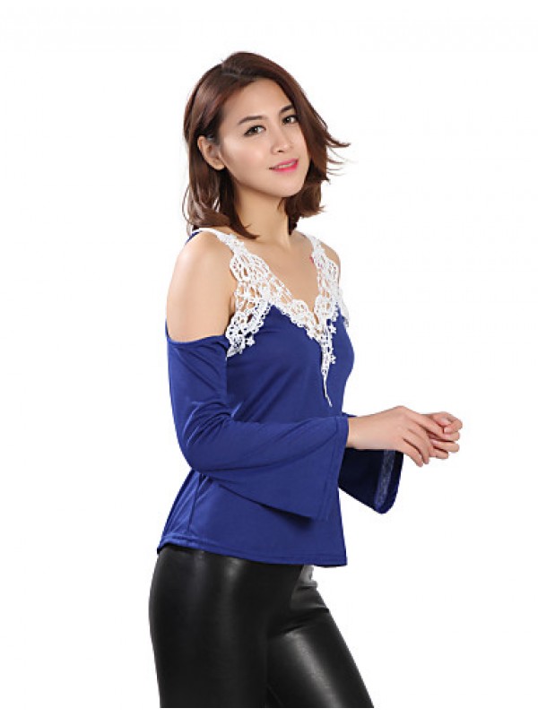 Women's Patchwork Lace Strap Off-The-Shoulder All Match Loose Casual V Neck Long Sleeve Plus Size T-shirt