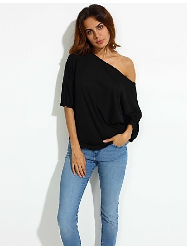 Women's Solid Sexy Loose Off Shoulder T-shirt,Boat Neck Short Sleeve