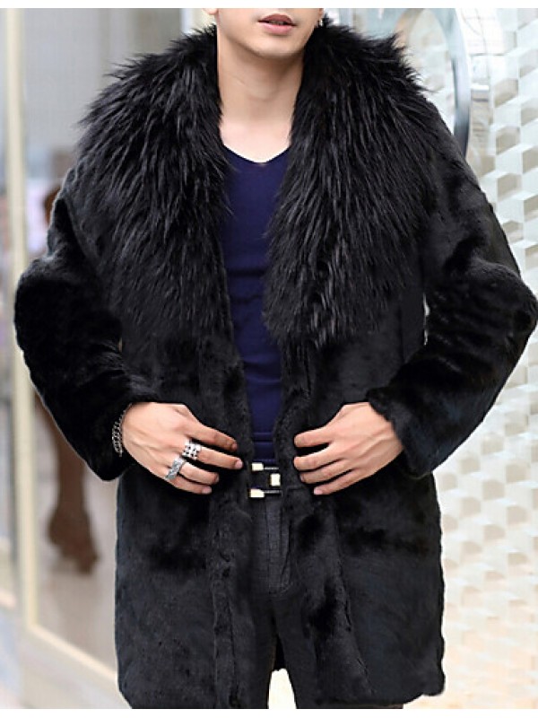 Men's Special Occasion / Plus Size / Casual/Daily Street chic / Punk & Gothic / Tops Fur Coat,Solid Shirt Collar Long Sleeve Winter Black