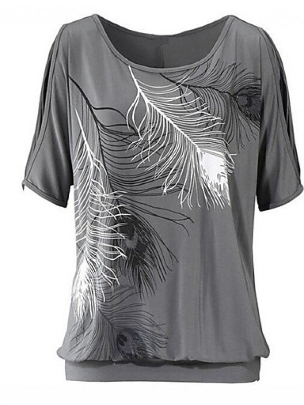 Women's Print Off-The-Shoulder All Match Hollow Out T-shirt,Round Neck Batwing Sleeve Short Sleeve