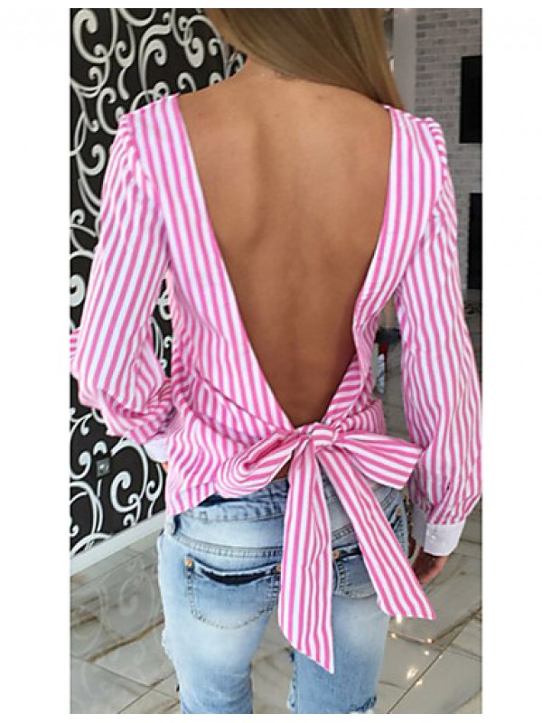 Women's Casual/Daily Sexy Blouse,Striped Boat Neck Long Sleeve Blue / Pink Cotton / Polyester Thin