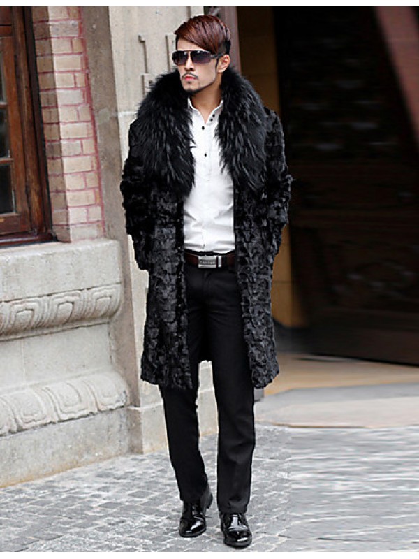 Men's Daily / Formal / Work Simple / Street chic Coat Solid Fur collar Long Sleeve Winter Faux Fur Black Thick